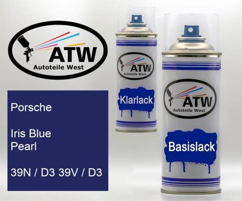 Porsche, Iris Blue Pearl, 39N / D3 39V / D3: 400ml Sprühdose + 400ml Klarlack - Set, von ATW Autoteile West.